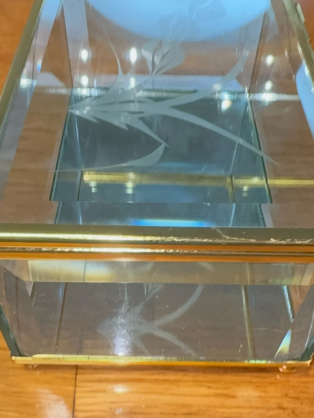 Vintage Etched Glass Trinket Jewelry Box Glass Bottom Beveled Edge Gold Trim